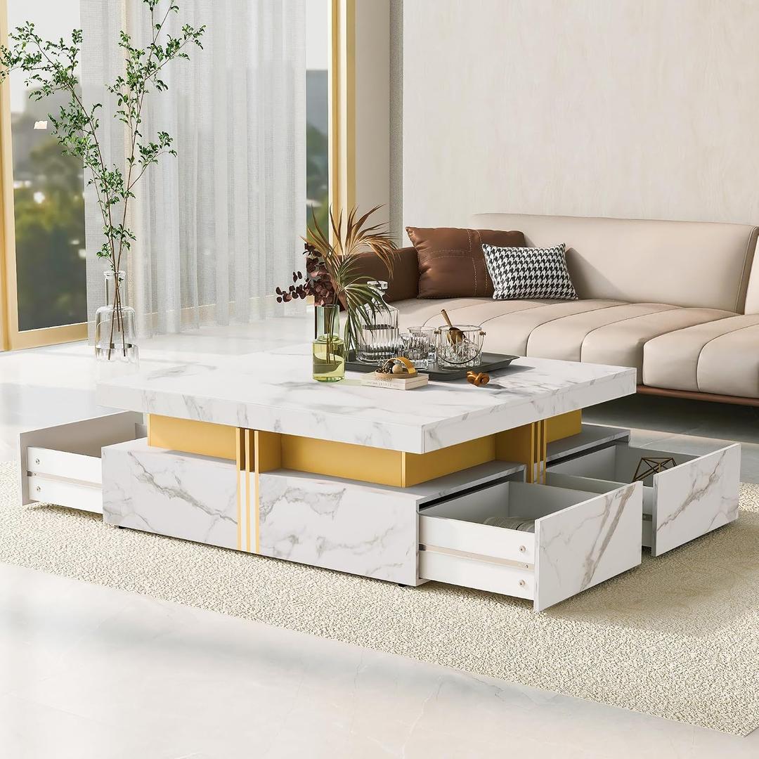 Linique Modern Square Storage Coffee Table with 4 Drawers for Living Room, White