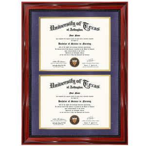 Double 8.5x11 Diploma Certificate Frame, Solid Wood & Tempered Glass, Cherry Lacquer Finish & Intricate Rope Detail, Purple over Gold Mat