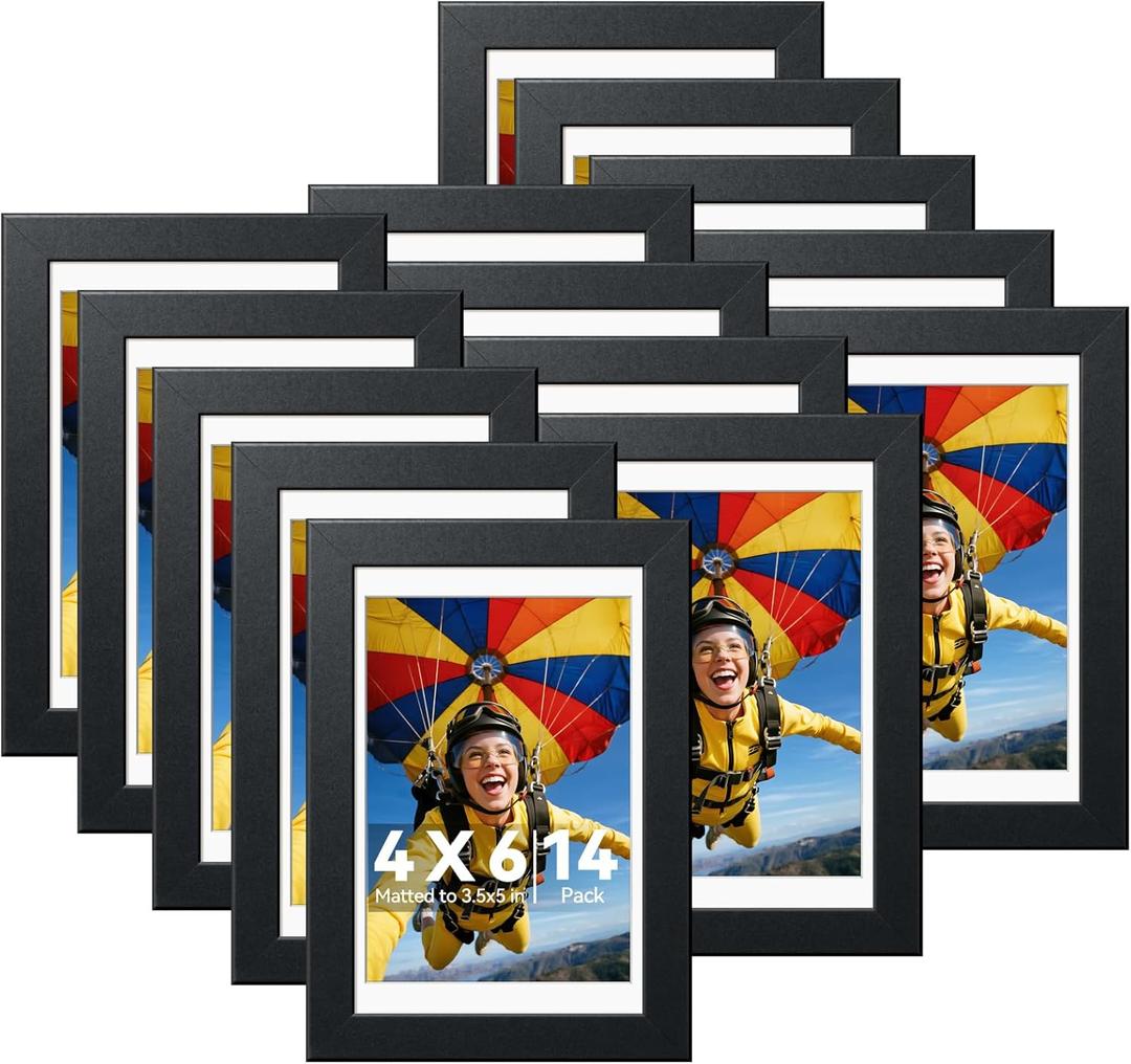 HappyHapi 4x6 Picture Frames Set of 14, Tabletop or Wall Display Pictures 3.5x5 with Mat or 4x6 Without, Bulk Picture Frames Collage for Prints, Photos, Landscape and Artwork (Black)