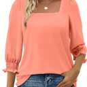 Women Dressy Shirt 3/4 Sleeve Blouse Casual 2025 Fall Fashion Top Square Neck Pleated Loose Fit Business Basic Top (Pink, M)