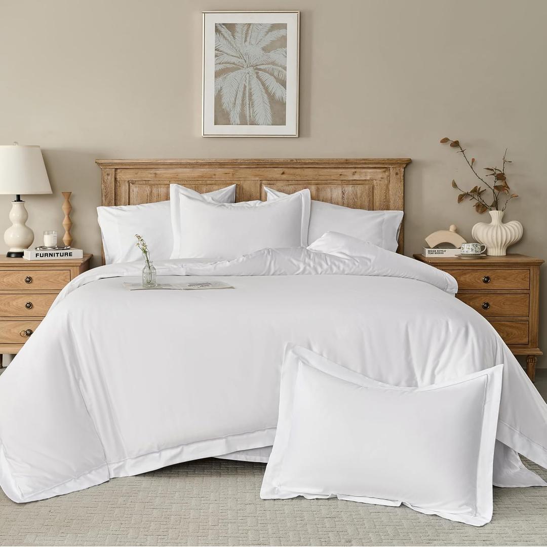 Simple&Opulence 100% Egyptian Cotton Duvet Cover Set 400 Thread Count Embroidery Design Long Staple Pure Soft Sateen Weave Bedding Set - White, Queen Size