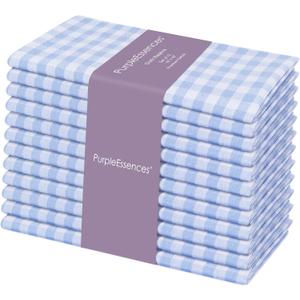 PurpleEssences Mini Gingham Check Dinner Cloth Napkin - Spring Easter Summer - Mitered Corners - 18x18 Inch - Set of 12-100% Cotton - Reusable Washable - Sky Blue and White