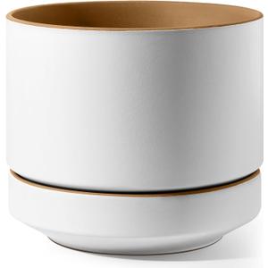 LE TAUCI 12 Inch Pot for Plants with Saucer, Ceramic Indoor Planter Pot with Drainage Hole, Mesh Pad Included, Matte Glazed Outside, Modern for Home and Office, Alpine White & Ochre