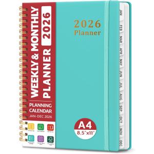 2026 Planner, Weekly and Monthly Calendar Planner, January 2026 - December 2026, Hardcover 2026 Calendar Planner Book with Tabs For Women & Men, Inner Pocket, Spiral Bound, Perfect for Office Home School Supplies - A4 (8.5" x 11"), Aquamarine