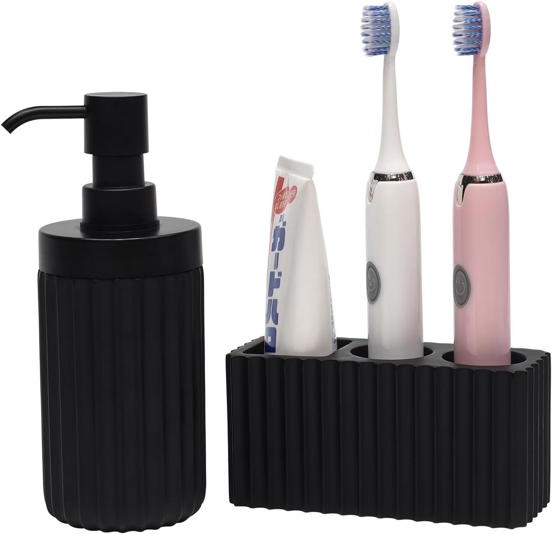 2PCS Bathroom Accessories Set with Large-Opening Ribbed Soap Dispenser and 3 Compartment Toothbrush&Toothpaste Holder,Resin Farmhouse Bathroom Decor Set Countertop Organizer-Matte Black