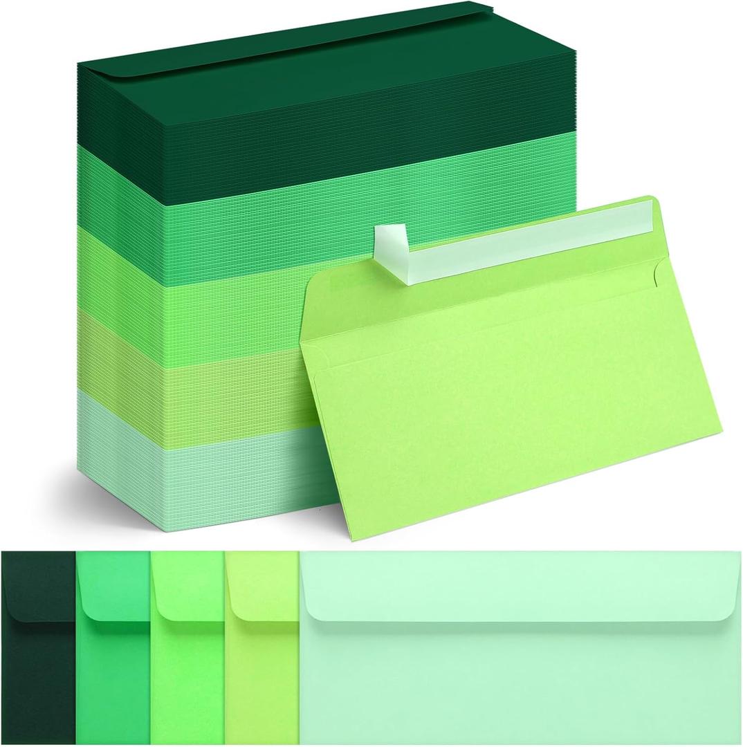 Outus 500 Pcs #10 Colored Envelopes Business Envelopes Adhesive Security Letter Size for Mailing Office Letter Check Invoices Letterhead Invitations Announcements 4-1/8 x 9-1/2''(Green Series)