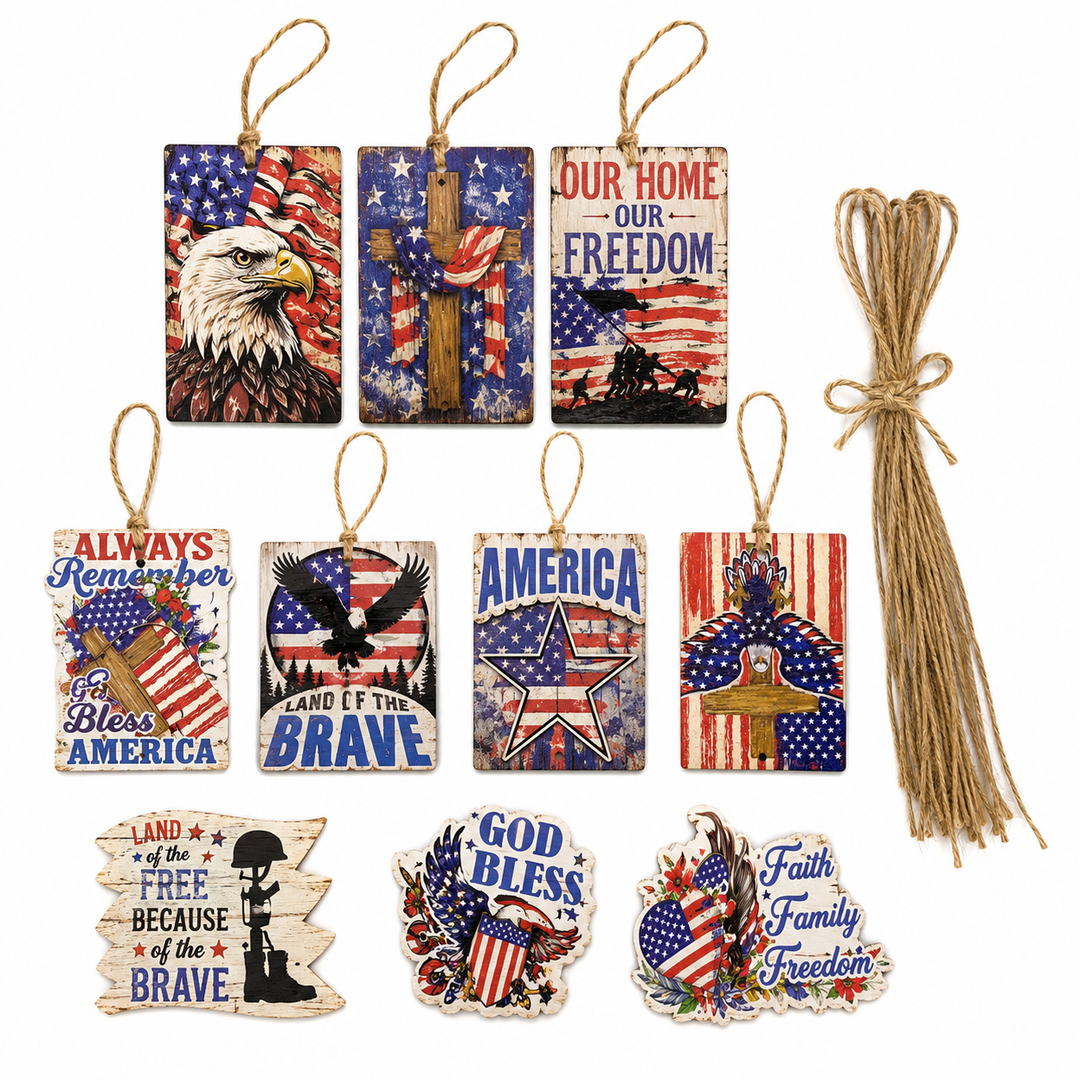 Rustic Patriotic Hanging Wooden Tags Set, 4th of July Americana Farmhouse Decorations with Jute Twine