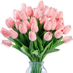 Sggvecsy 30 Pcs Fake Tulips Artificial Flowers Real Touch PU Faux Flowers Tulip Stems for Wedding Spring Bouquet Floral Arrangement Home Party Office Decorations for Mother's Day (Milk Pink)