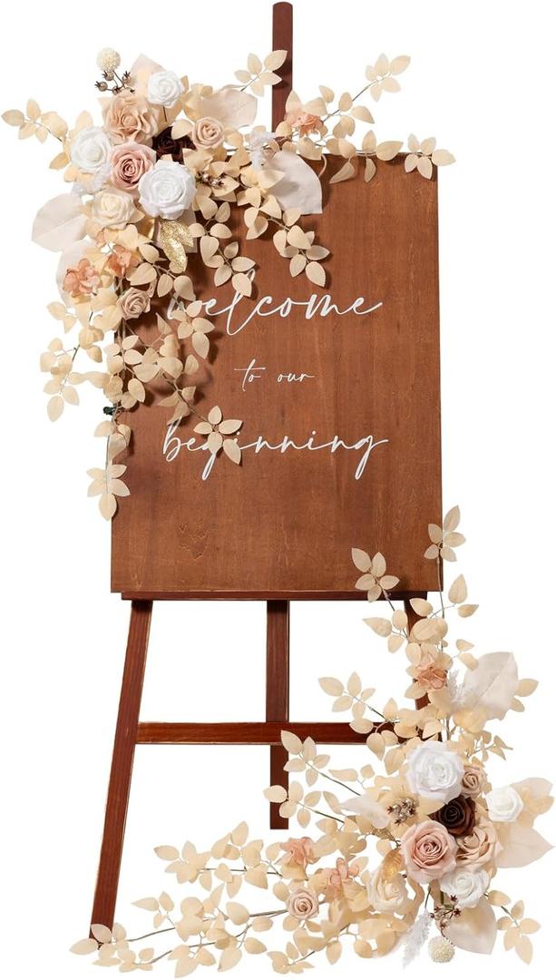 Ling's moment 2pcs Wedding Flowers Garland Artificial Floral Swag Arch Decorations Greenery Arrangements White & Beige Ceremony Reception Garden Easel Wall Entryway Outdoor Board (NOT Include Sign)