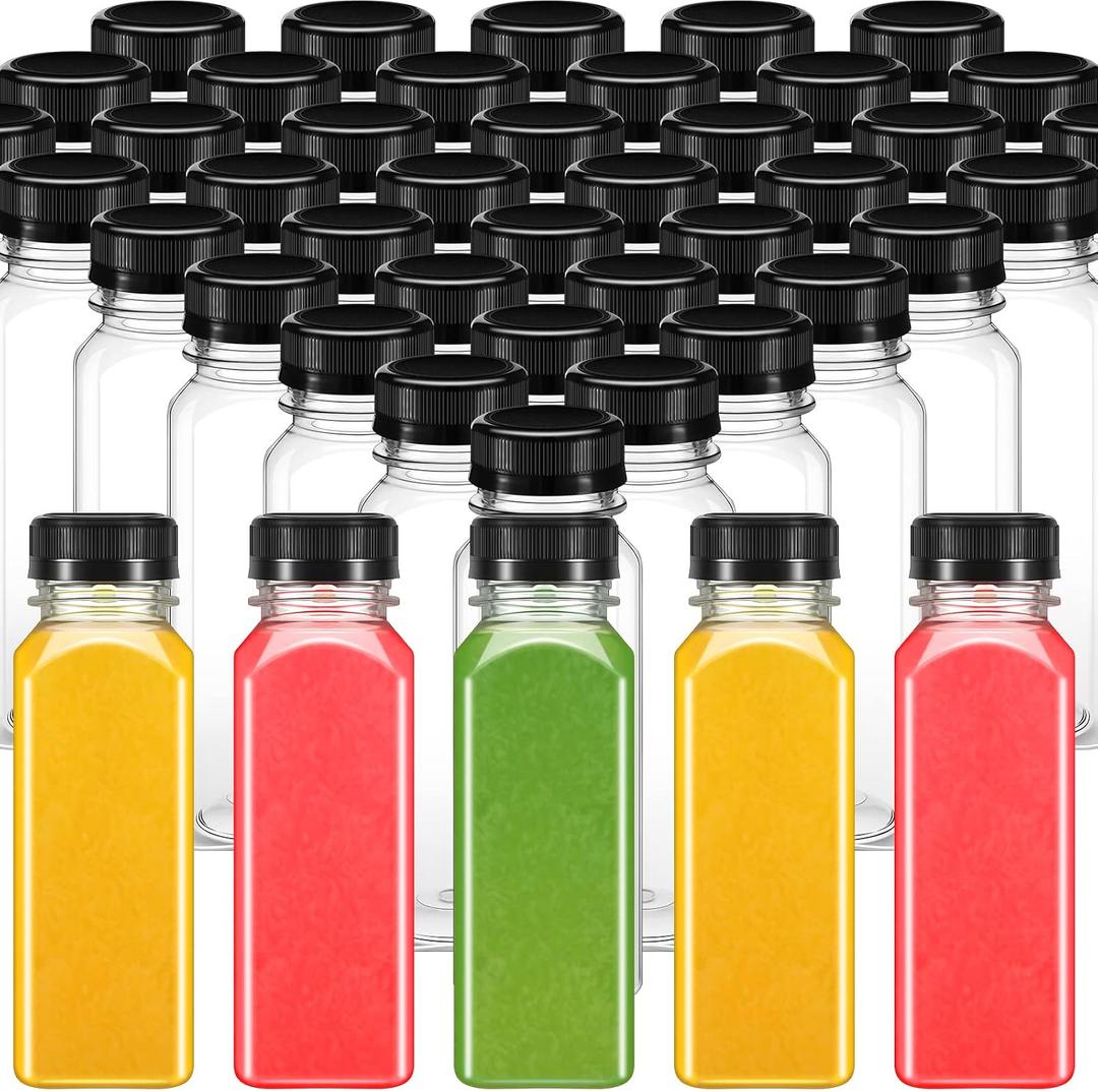Sabary 150 Pcs 8oz Plastic Juice Bottles with Caps Drink Containers and Leak Proof Lids Bulk Empty Reusable Clear Plastic Pet Bottles with Black Tamper Evident Lids for Milk Juice Smoothie Drinking