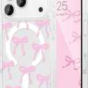 IPhone 17 Pro Max Case, Bow Case Compatible with MagSafe, Wireless Slim Clear Ribbon Aesthetic Phone Cover Anti-Yellowing Shockproof Protective Cover for Women Girl - Pink