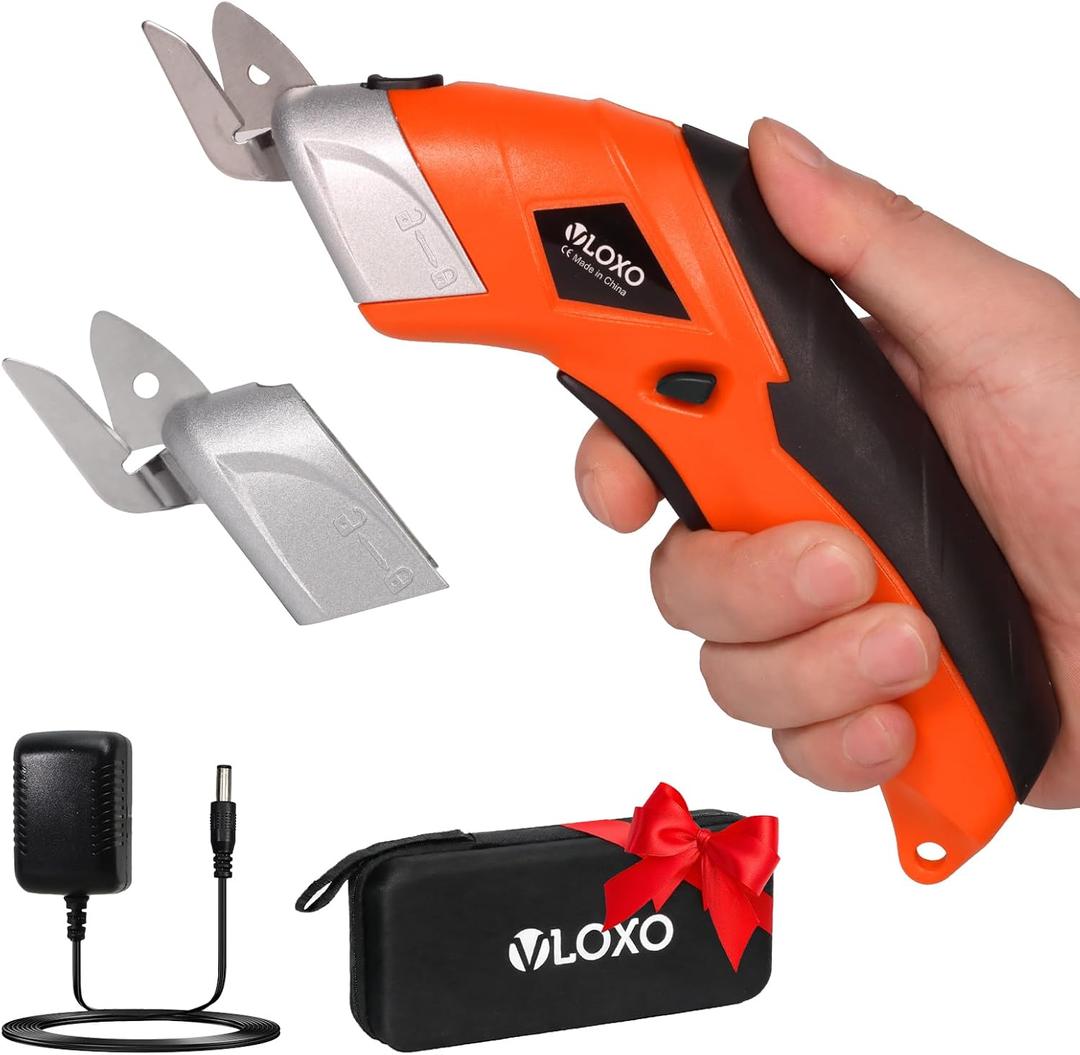 VLOXO Cordless Electric Scissors, Cardboard Cutter Electric Fabric Scissors Box Cutter with Blades Rechargeable Powerful Fabric Cutter for Crafts Leather Carboard Carpet Plastic Felt with Case Orange