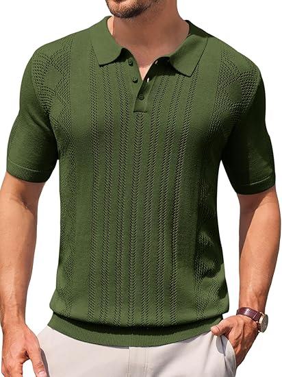 Runcati Mens Knit Polo Shirts Short Sleeve Slim Fit Casual Golf Shirts Hollow Out Cotton Summer Textured Tops, Army Green, Large