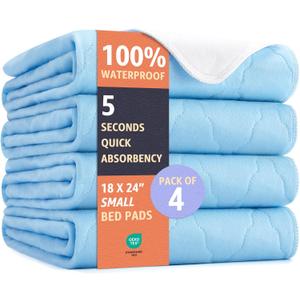 Washable Underpads - Heavy Absorbency, Waterproof Reusable Incontinence Pads for Pets, Crib, Couch, Sofa, Chair, Bassinet, Car Seat (Blue, 18 x 24 Inches, Pack of 4)