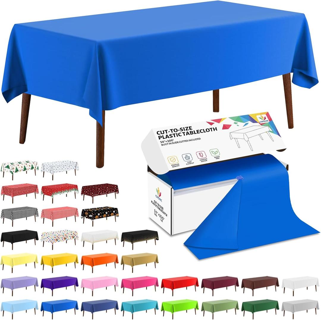 CXPSINC 54 Inch X 300 Feet Plastic Table Cover Roll Disposable Tablecloth with Slide Cutter for All Type/Shape Tables | Picnic, Party, Banquet, Birthdays, Weddings (Blue, 300 Feet)