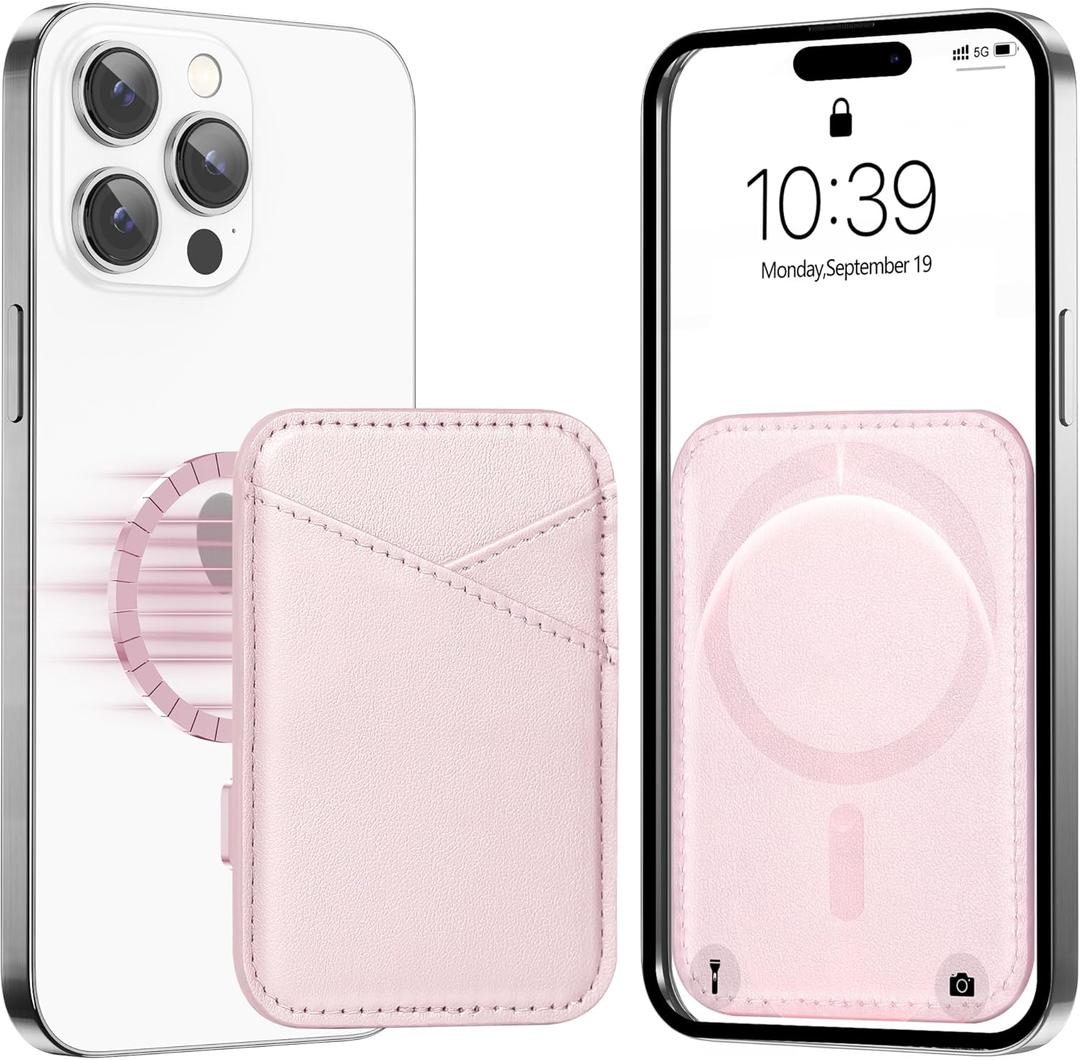 Miroddi for MagSafe Wallet, Magnetic Wallet Card Holder for iPhone 16/15/14/13/12 Series, 0.12" Invisible Ultra-Thin Magnetic Phone Wallet, 2 Independent Card Slot, Vegan Leather, Pink