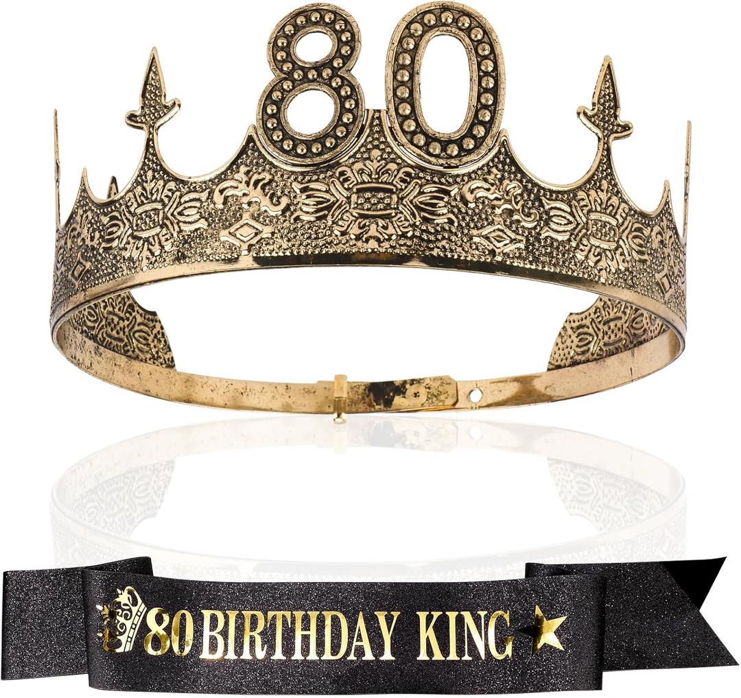 80th Birthday Decorations, 80th Birthday Gifts for Him 80th Birthday Decorations Men Set- 80th Birthday King Crown and Sash, Happy 80 Party Favors Mens 80th Birthday Gift Ideas