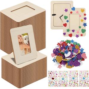 50 Pcs Wooden Picture Frames for Crafts, 2 x 3inch DIY Wood Photo Frame Bulk with Diamond and Foam Stickers for DIY Crafts, Small Unfinished Standing Photo Frame for Home Party Wedding Decor