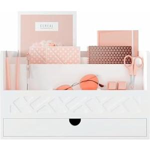 Bamboo Mail Organizer Countertop Desktop with Drawer - Desk Organizer with File Organizer for Office Supplies All-in-One Desk File Organization with Pencil Holder for Paper Letter Envelope Bill (1 White)