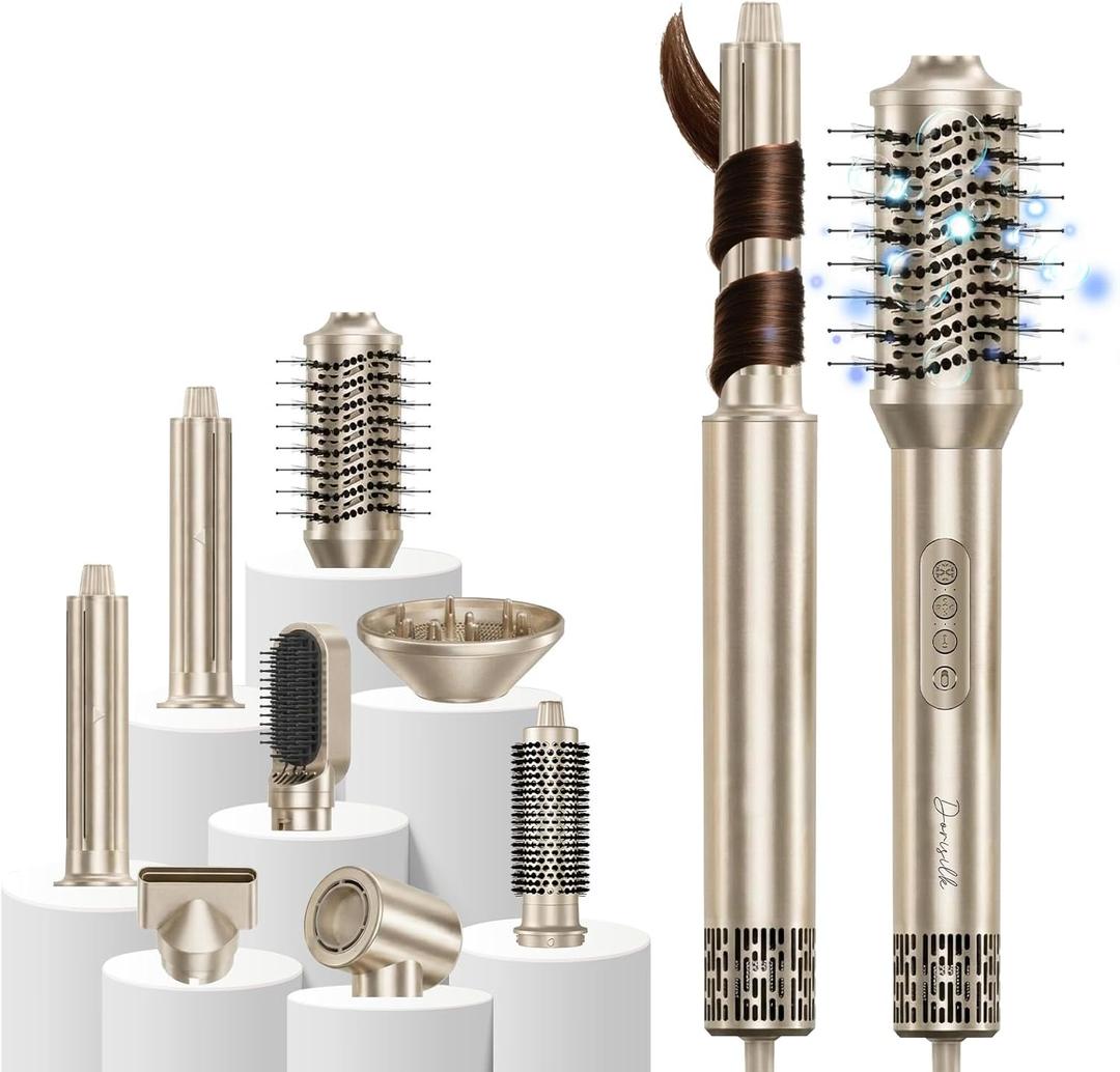 DORISILK 8 in 1 Hair Styler & Hair Dryer Brush Blow Dryer, 110,000 RPM High-Speed Hot Brush Styler and Auto Wrap Curlers, Ionic Smooth for Straightening Curling Volumizing Fast Drying, Champagne Gold