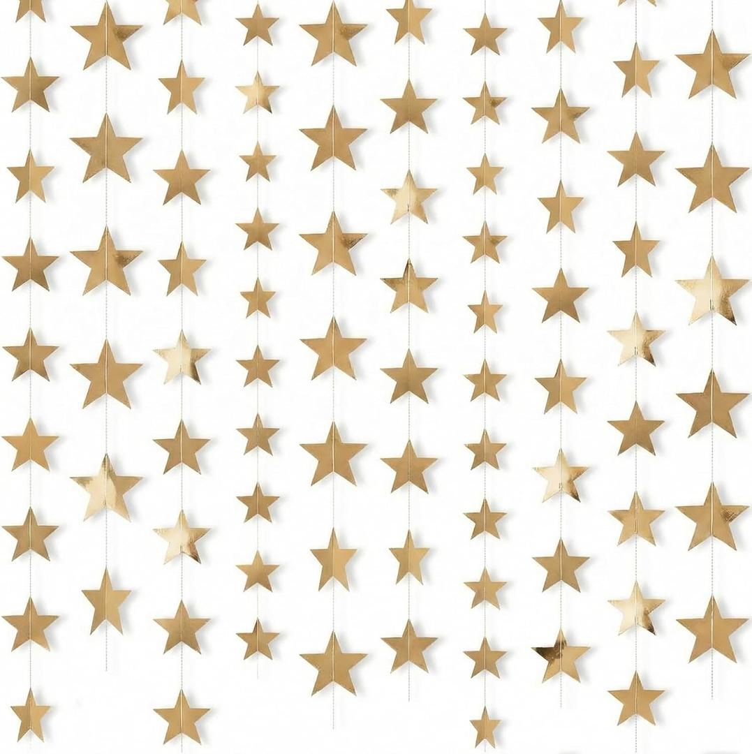 Patelai 210 Feet Glitter Star Garland Banner 2026 Party Decoration Double Side Star Hanging String Streamer Paper Twinkle for Graduation Wedding Birthday (Champagne Gold)