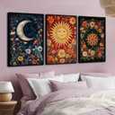 3Pcs Sun And Moon Celestial Wall Art Tarot painting Decor Pictures Astrology Gothic Wildflowers Star Canvas Posters Prints for Bedroom Office Living Room Bathroom Home Decoration Unframed