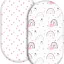 Bassinet Sheets 2-Pack for Newborn Baby Boy and Girl Gender Neutral, Soft Breathable Elastic Sheets, Universal Fit Flexible for Rectangle Round Oval Hourglass Bassinet Mattress/Pad (32*16*3 inch, Rainbow Hugs (Pink))