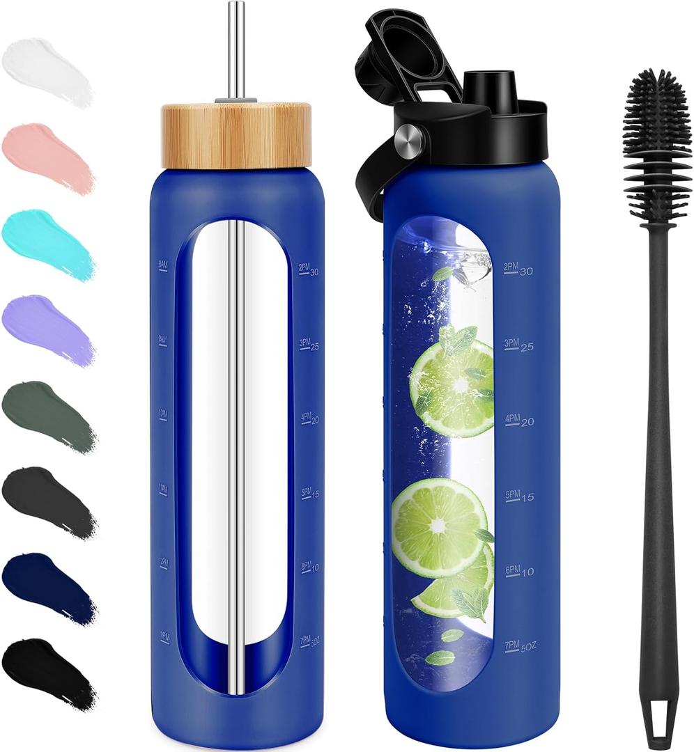 FULBEVY 32 oz Glass Water Bottles - 1 Liter Motivational Tumbler Water Bottle Time Marker - Borosilicate Glass Water Bottle With Silicone Sleeve and 2 Lids, Handle Spout & Bamboo Straw Lid (Blue)
