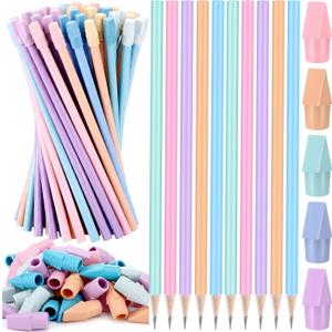 ReliThick 100 Pcs Pastel #2 HB Pencils with Erasers Caps Set, 50 Macaron Unsharpened Pencils Bulk and 50 Matching Top Erasers for Back to School Teacher Classrooms Writing Drawing Reward Supplies