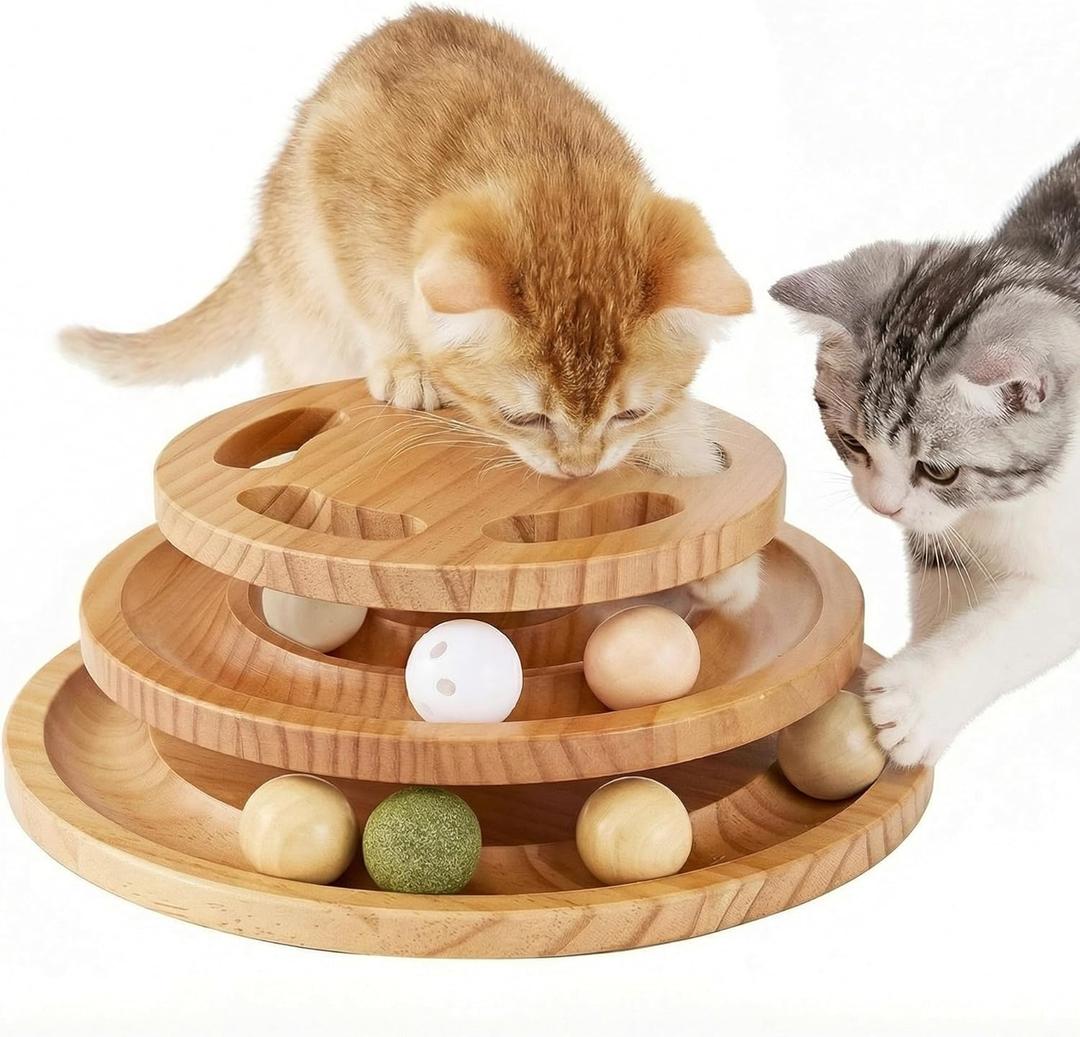 Cat Ball Track Toy with Puzzle Top, Extra Large Wooden Cat Toys for Indoor Cats with Spinning Balls, Interactive Cat Ball Tower for Kitten Exercise Mental Physical