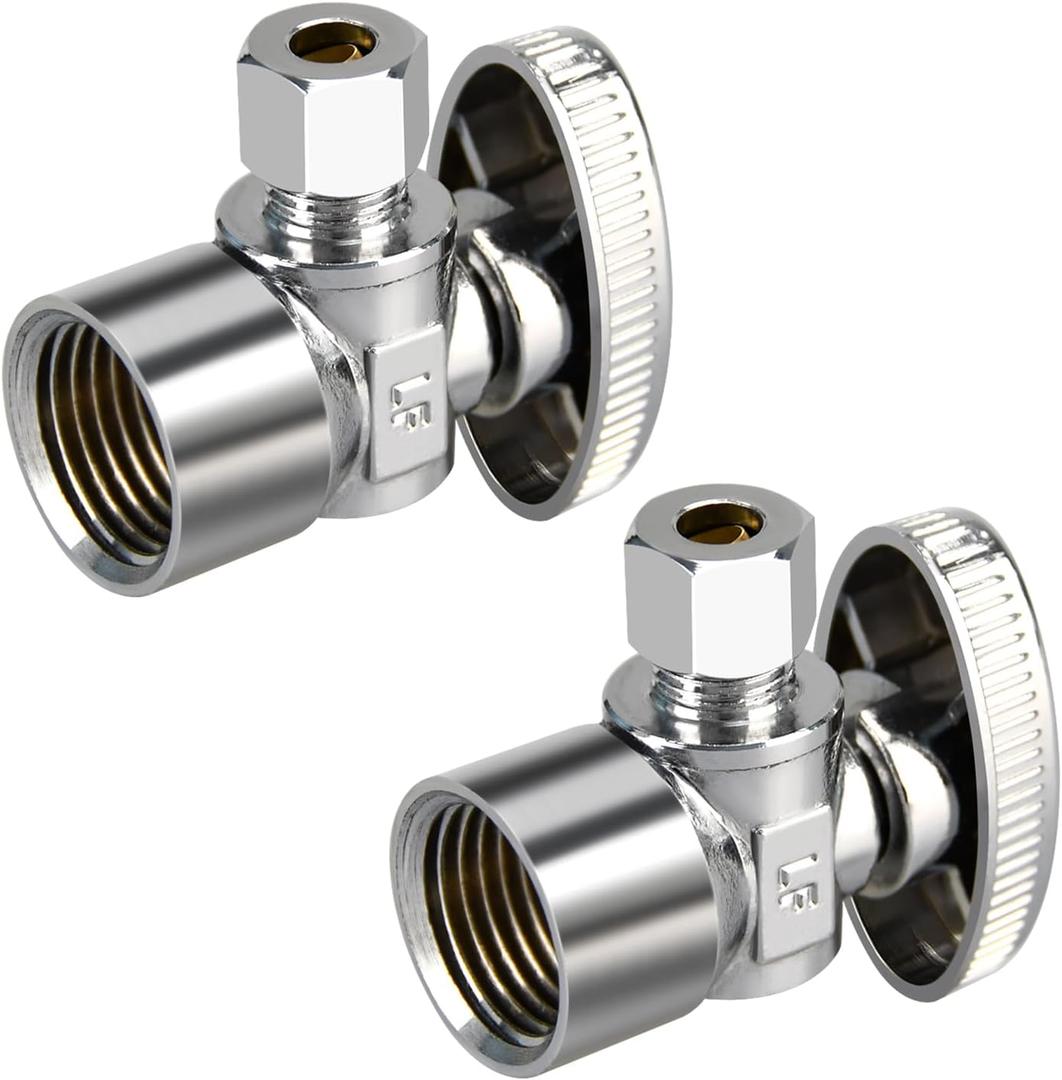 Stop Valves, 2 Pack 1/2"  3/8" Angle Stop Valve, 1/2" FIP Angle Input, 3/8" OD Compression Output, 1/4 Turn, Chrome Plated Brass for Kitchen, Faucet, Toilet Valves