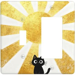 Decorative Outlet Covers Glod Rising Sun Cute Funny Black Cat 2 Gang Light Switch Cover Plate Single Toggle 1 Rocker Wall Plates for Electrical Switch Plate Covers for Bedroom Home Decor