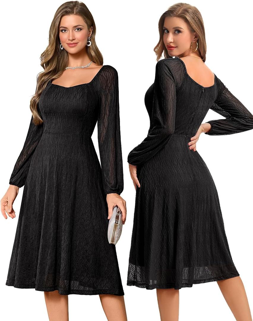 Bbonlinedress Formal Wedding Guest Dress Square Neck Lace Cocktail Dress Bridesmaid Long Sleeve A-Line Midi Tea Prom Gown (Black, L)