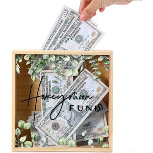 Unittype Honey Moon Fund Box Wedding Card Rustic Wooden Fund Case Wood Greenery Honeymoon Shadow Box for Wedding Reception Party Bridal Shower Gift, 8 x 8 Inch