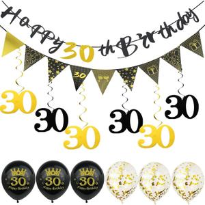 Black Gold 30th Birthday Decorations  Over the hill 30 Birthday Decor Happy 30th Birthday Party Supplies Set with 30 Party Banner, Hanging Swirls, Balloons for Men Women Cheer to 30 Years
