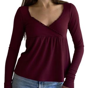 Y2k Long Sleeve Babydoll Top Women Fairy Grunge Shirt Lace Trim Vintage Downtown Girl T Shirts(Ruffle Burgundy, Large)