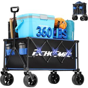 EchoSmile Collapsible Folding Wagon Cart 360lbs, Heavy Duty Garden Utility Cart with All Terrain Wheels, Large Capacity Outdoor Wagon for Camping, Beach, Shopping, Picnic (Blue Black)