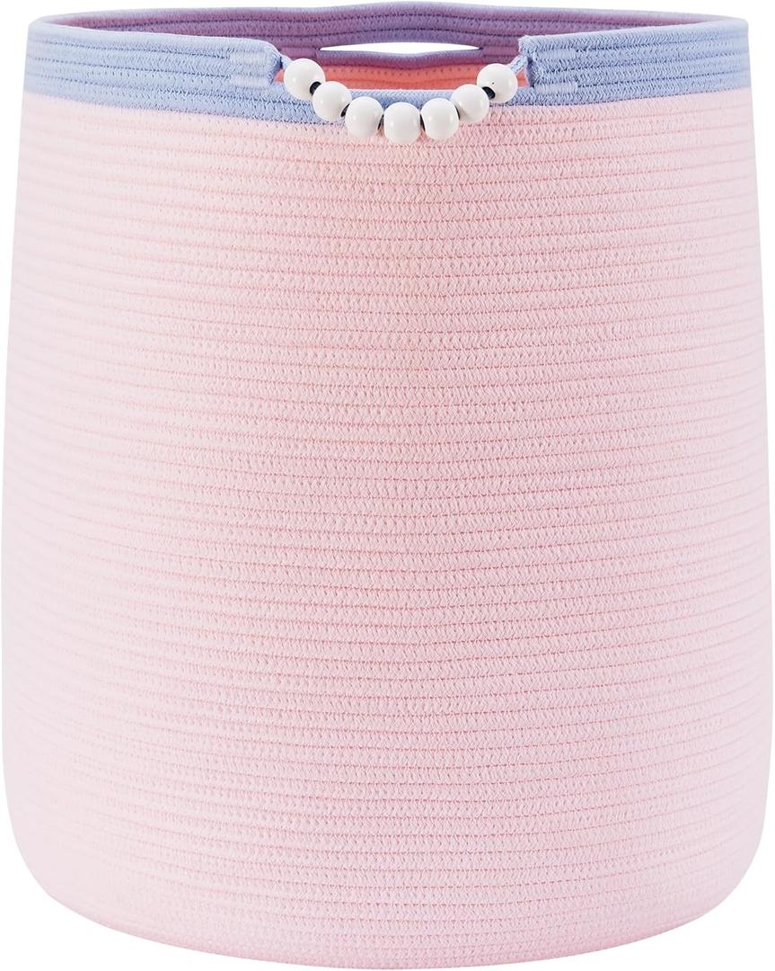65L Pink Woven Rope Laundry Hamper Basket for Clohtes Boho Tall Rope Baskets for Blanket Large Baby Nursery Hamper for Girls Kids 16"Wide 19"Tall