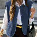 KIRUNDO Women's Fall Winter Fleece Vest 2025 Trendy Sleeveless Sherpa Jacket Button Down Open Front Fuzzy Warm Outerwear (Blue, XL)