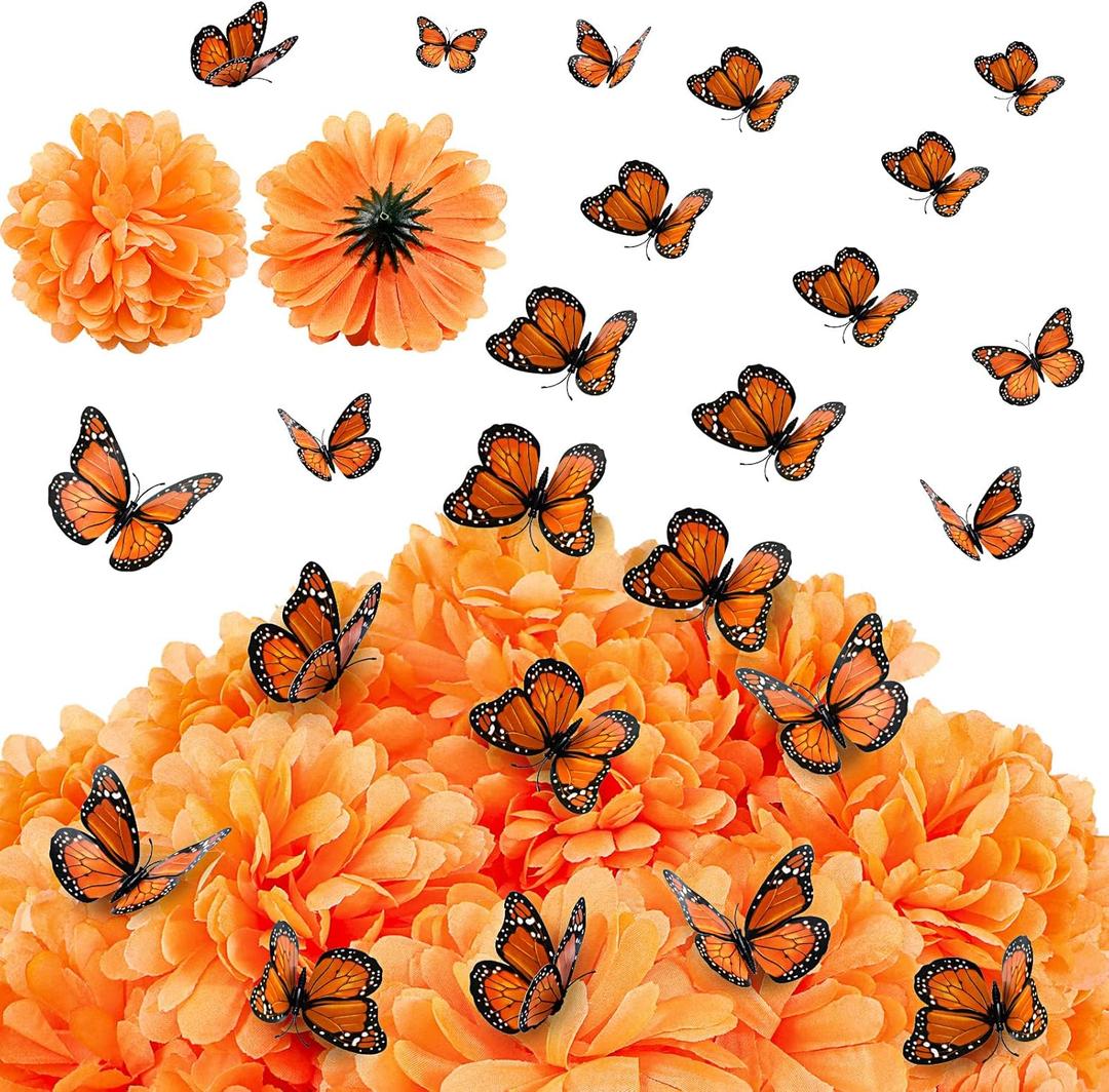 32 Pcs Dia De Los Muertos Decor Include 20 Marigold Flowers Heads 12 Monarch Butterfly Decorations Mexican Marigold Artificial Flowers Large Butterflies for Halloween Day of The Dead Party
