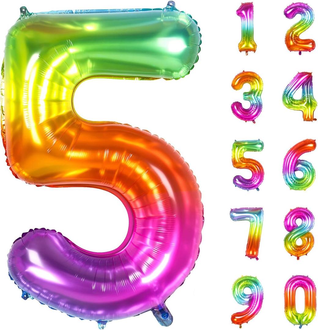 Number Balloon | Number 5 Balloon for 5th Rainbow Birthday Decorations | Giant Multicolor Mylar 5 Balloon Number - 40 Inch | Big Foil Colorful 5 Birthday Balloon for Anniversary Party Supplies Favors