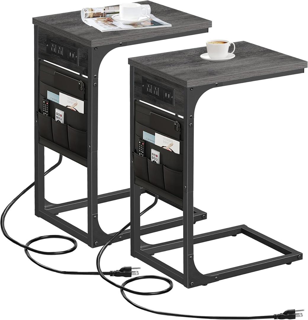 TUTOTAK C Shaped End Table with Charging Station, Side Table for Sofa, Couch Table with Storage Bag, Set of 2, TV Tray Table with 2 USB Ports and Outlets for Living Room, Bedroom, TB01BY0242 (Grey)