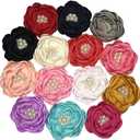 Pack of 14pcs Big 2"(5cm) Chiffon Ribbon Flowers Bows Hair Clip Headband Making Appliques Wedding Craft Mix (Beads Center Flower, 2")