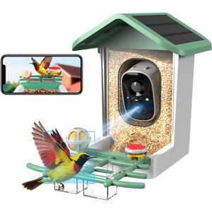 Bird Feeder with Camera, 2K Smart BirdCamera with Solar Powered, AI Identify Birds Species, Instant Arrival Alerts, 2.4Ghz WiFi Bird House for Outdoors, Ideal Gift for Family and Bird Lovers (Green)