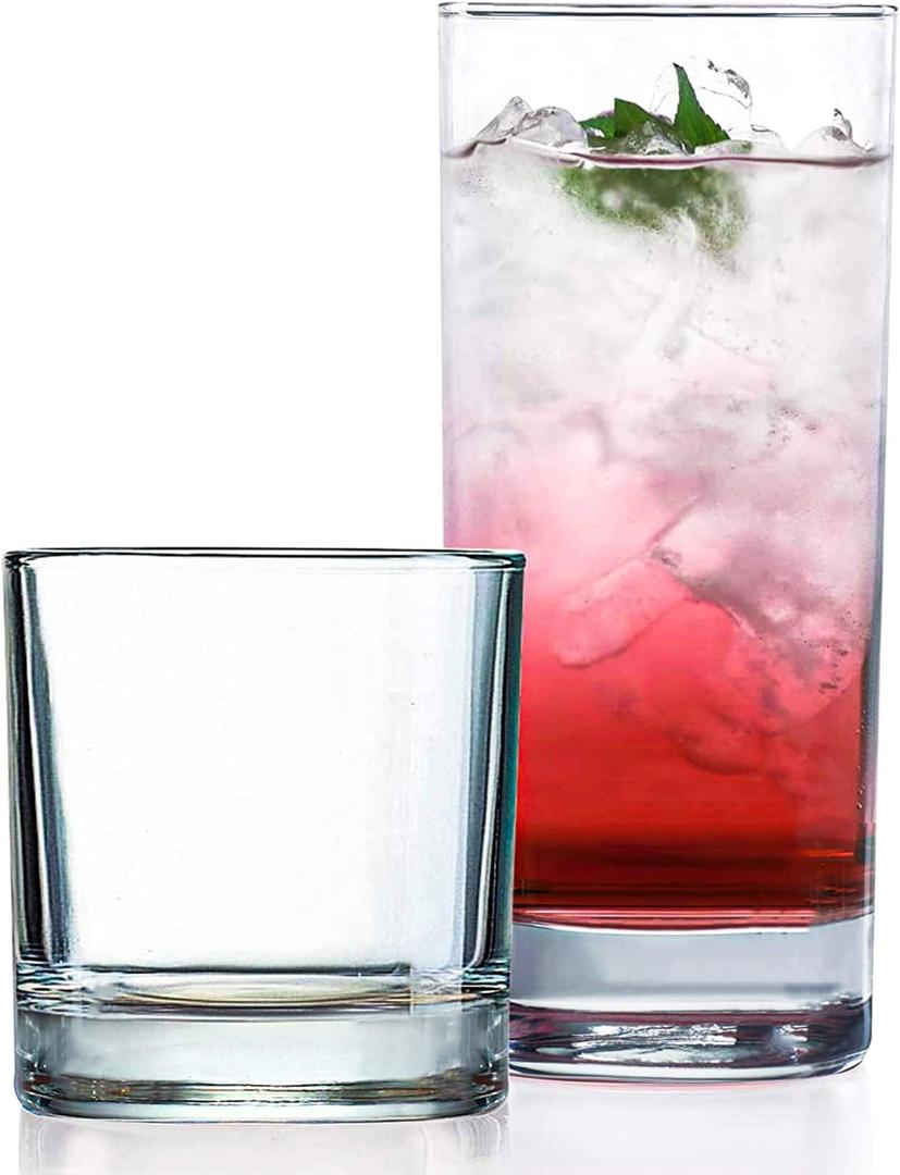 Everyday Drinking Glasses Set of 8 Drinkware Hurricane Glasses, Kitchen Glasses for Cocktail, Iced Coffee, Beer, Ice Tea, Wine, Whiskey, Water, 4 Tall Glass Cups & 4 Short Dof Drinking Glass