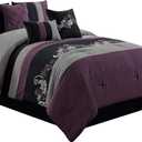 Chezmoi Collection Napa 7-Piece Luxury Leaves Scroll Embroidery Bedding Comforter Set (King, Purple/Black/Gray)