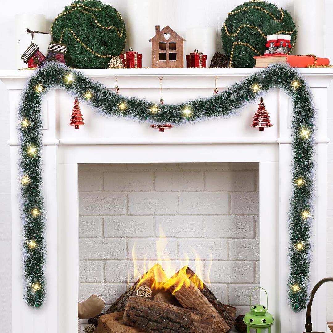 15FT Lighted Garland Plug in, Prelit Artificial Christmas Garland with Clear Incandescent Lights, Xmas Holiday Decor for Stairs Wall Door, Indoor Outdoor Garlands