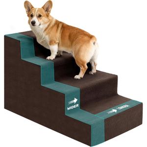 Dog Stairs for Bed, Extra Wide 4-Step Dog Steps for High Bed, High-Density Foam Pet Stairs with Non-Slip Removable Washable Cover for Small Pets, 18" H, Brown