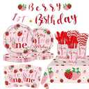 GalaHub Berry First Birthday Decor, 194Pcs Strawberry Party Supplies Serves 24 Guests Includes Plates, Cutlery, Cups, Napkins, Tablecloth & Banner