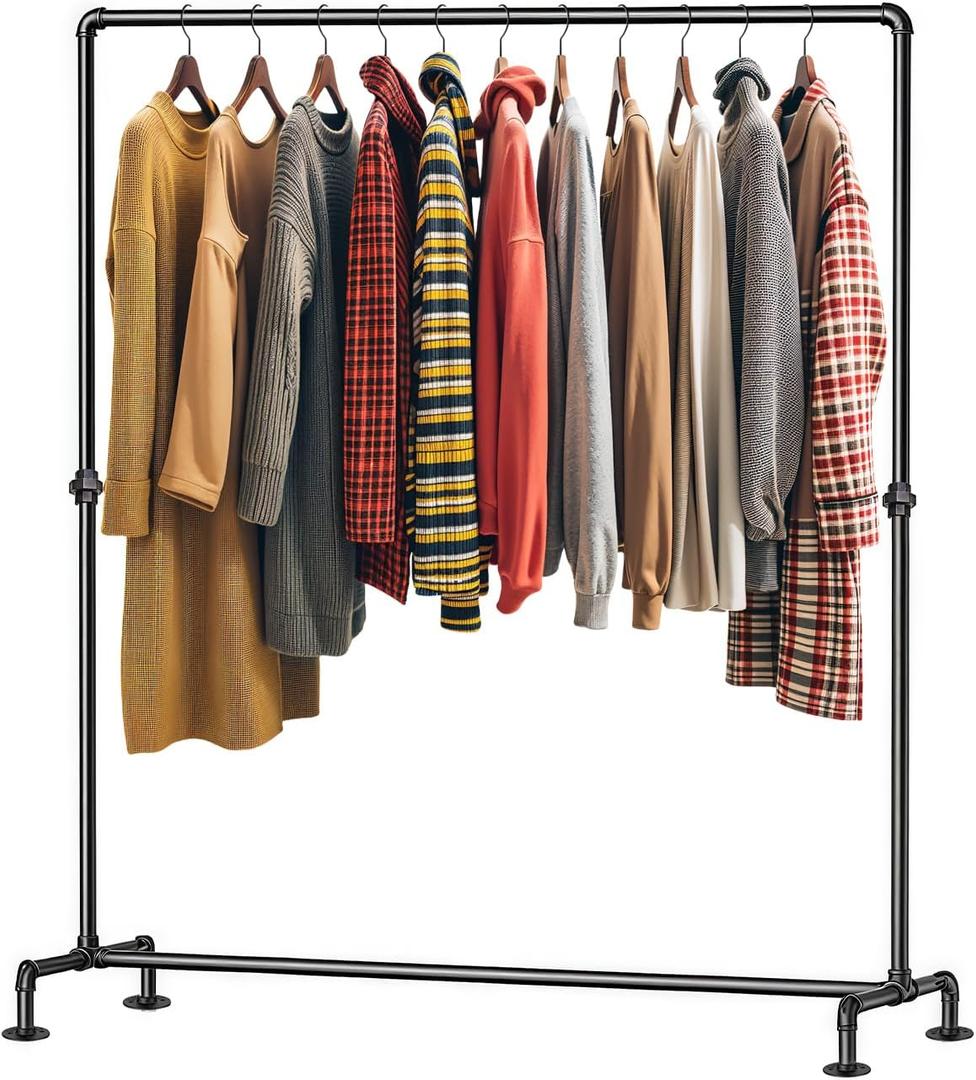 Industrial Pipe Clothing Rack Free Standing,Vintage Commercial Grade Clothing Hanging Rack Organizer for Garment Storage Display,Black Iron Garment Rack with 4 Stable Feet,Black